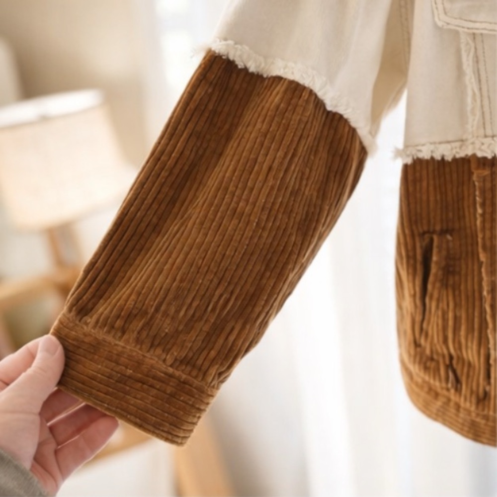 POL Patchwork Corduroy & Denim Jacket – Cream/Tan/Camo – Oversized Shacket Style - Picture 3 of 4